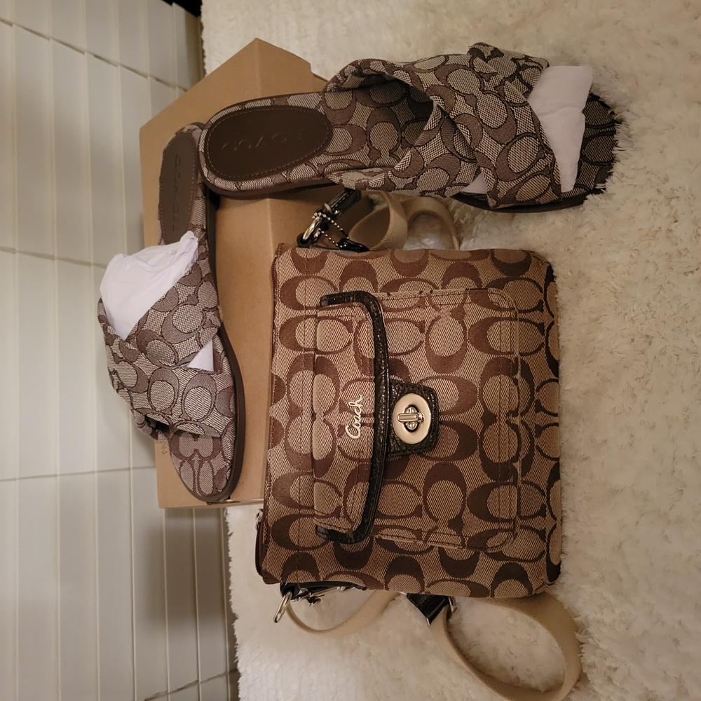 Coach Brown Signature Handbag and Sandals Set